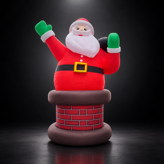 Père Noël gonflable sur cheminée